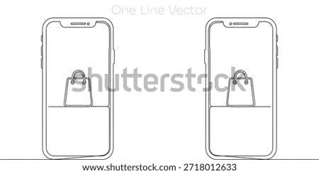 Minimalist single line art of mobile phones displaying shopping bag icons representing digital marketplace, electronic commerce, and modern consumerism on a clean white background. Vector illustration