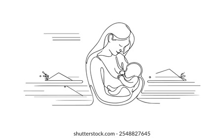 Minimalist single line art of mother holding baby with floral background