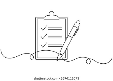 Arte minimalista de una sola línea de tarea lista de verificación Portapapeles y pluma para el concepto de planificación empresarial