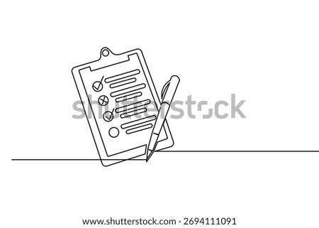 Minimalist single line art of task checklist clipboard and pen for business planning concept