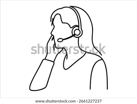 A minimalist single line artwork depicting a female call center agent, perfect for customer service or communication related themes.