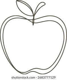 Desenho de linha única minimalista de uma maçã com um caule e duas folhas no branco. Vetor escalável f...