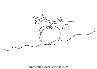 Minimalist single line drawing of an apple on a branch with leaves, natural harvest