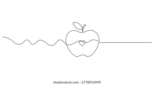 Minimalist single line drawing of an apple featuring a heart shaped core on white background.