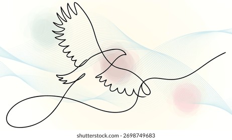Minimalistisches Einzeiliges Zeichnen eines Vogels im Flug mit abstrakten wellenförmigen Linien weiche Unschärfen elegante kontinuierliche