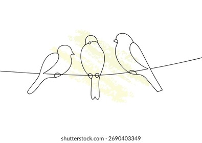Minimalist single line drawing birds a wire with yellow abstract vector