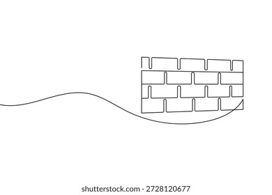 Desenho minimalista de linha única de uma parede de tijolos e uma onda fluente