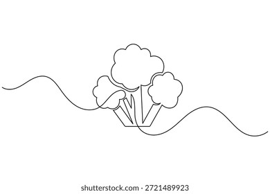 Dibujo minimalista de una sola línea de brócoli sobre un fondo blanco