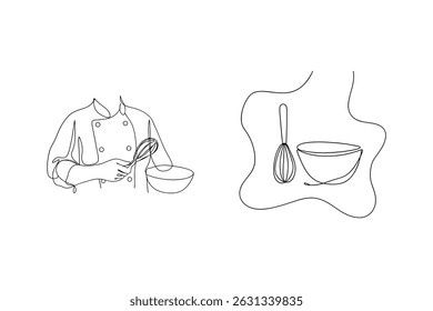 Minimalist single line drawing of a chef and baking tools on white background