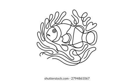 Minimalist single line drawing of a clownfish swimming amongst coral. Clean, simple, and elegant underwater illustration.