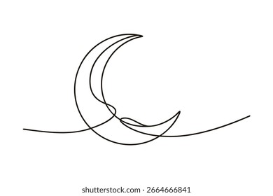 Linha única minimalista desenhando uma lua crescente com sutil noite de sombreamento celestial