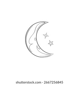 Minimalist single line drawing a crescent moon with two stars Continous line night