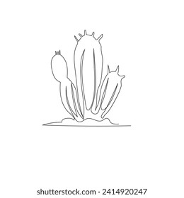 Minimalist single line drawing: Cute cacti family in black and white. Graphic botanical icon, embodying simplicity and trendy tropical vibes.