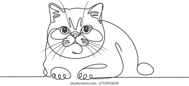 Dibujo minimalista de una sola línea de un lindo gato persa con ojos Grandes, renderizado en tinta negra sobre un fondo blanco.