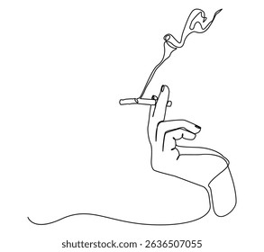 Minimalist single line drawing depicting a human hand holding a cigarette with smoke. Elegant and modern illustration.