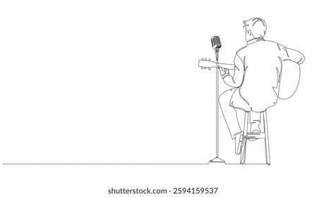 A minimalist single line drawing depicts a musician sitting on a stool, playing an acoustic guitar, and singing into a vintage microphone. The artwork captures the essence of a live performance