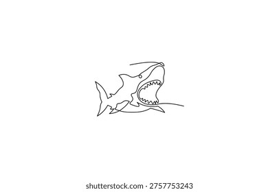 Minimalist single line drawing depicts a shark with an open mouth and visible teeth