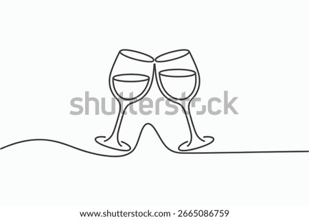 A minimalist single line drawing depicts two wine glasses clinking, isolated on a clean white background.