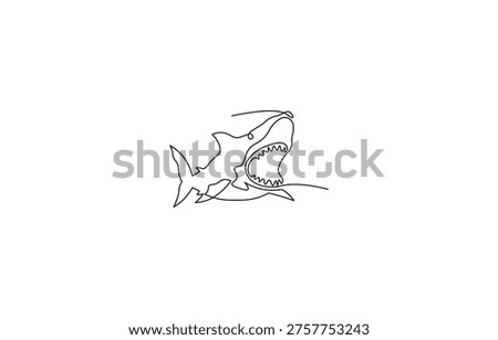 Minimalist single line drawing depicts a shark with an open mouth and visible teeth