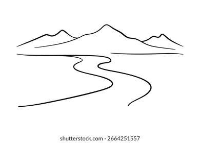 Minimalist single line drawing distant mountains a winding river landscape nature