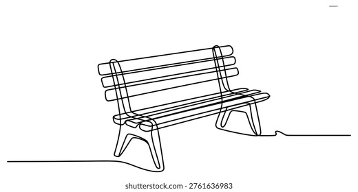 A minimalist single line drawing of an empty park bench set against a plain white background. Vector, illustration