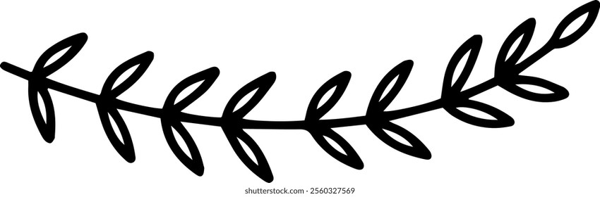 Minimalist single line drawing featuring a graceful branch adorned with small leaves, creating a gentle arc. Perfect for enhancing nature inspired designs and decorative elements