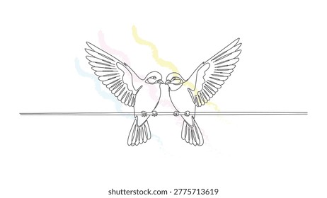 Minimalist single line drawing featuring two birds resting on wire with elegant artistic soft colorful watercolor splash details.