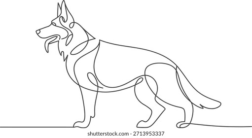 Minimalist single line drawing of a German Shepherd dog standing alertly, showcasing its iconic silhouette and alert posture.