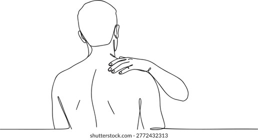 Minimalist single line drawing of human body back view with hand touching shoulder. Abstract vector art for physical therapy and chiropractic concepts. Artistic sketch showing neck pain relief or self comfort. Black outline illustration for massage therapy and relaxation services advertisement.