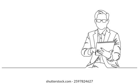 A minimalist single line drawing illustration of a businessman or professional in a suit and glasses, holding and reviewing a file or report. 