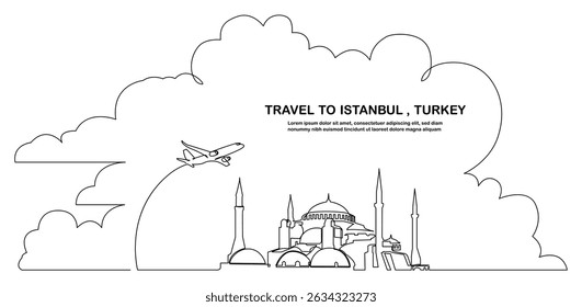 Minimalist single line drawing of Istanbul skyline featuring Hagia Sophia, tall minarets, airplanes, and cloud shapes