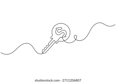 Desenho minimalista de uma única linha de uma chave com sinal de dólar, representando o crescimento financeiro.