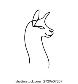 Desenho minimalista de uma única linha de uma lhama ou alpaca cabeça em perfil, criado como uma linha preta contínua sobre fundo branco. Ilustração vetorial moderna da arte da linha de um camelídeo bonito com pescoço longo e sorriso suave, perfeito para o design do logotipo, ideias da tatuagem, arte da parede, decoração do berçário e impressões da moda na moda