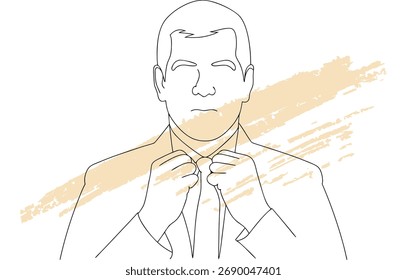 Minimalista linha única desenhando um homem ajustando sua gravata com pincelada bege traça roupa terno