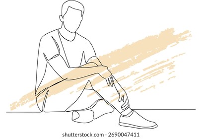 Línea única minimalista dibujando un hombre sentado con pinceladas abstractas beige Vector