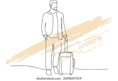 Minimalist single line drawing a man with a suitcase beige brush strokes continuous