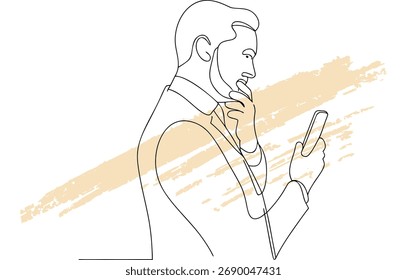 Minimalist single line drawing a man in a suit holding a smartphone male person