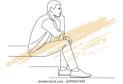 Minimalista sola línea dibujando un hombre sentado pasos con escaleras abstractas beige pensando