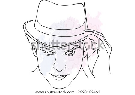 Minimalist single line drawing a man tipping his hat with watercolor accents vector