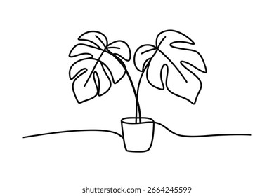 Minimalista línea única dibujando una planta monstera en un Vector de maceta