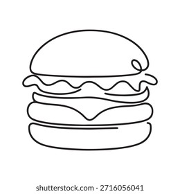 A minimalist single line drawing of a multi-layered cheeseburger, showcasing its ingredients and bun in a stylized, artistic outline.