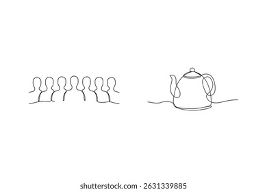 Minimalist single line drawing of people silhouettes and a teapot for design purposes