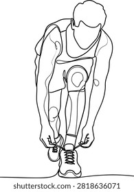 A minimalist single line drawing of a person preparing for a run by tying their sports shoes