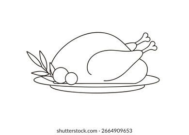 Minimalista línea única dibujando un pavo asado en una fuente con la comida de guarnición