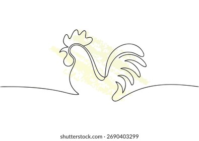 Minimalista linha única desenhando um galo texturizado amarelo frango pássaro