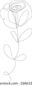Minimalist single line drawing of a rose with stem and leaves.