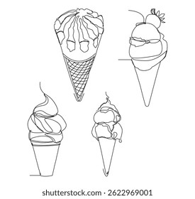 Minimalist Single Line Drawing Set featuring various ice cream illustrations, including cones, sundaes, and popsicles. Ideal for food related branding, etc.