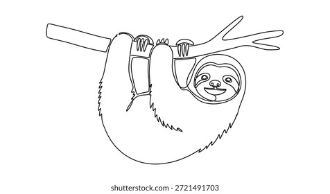 Eine minimalistische Einzelzeilenzeichnung zeigt ein Faultier, das an einem Baumzweig hängt. Die kontinuierliche Linienkunst betont die entspannte Haltung und den sanften Ausdruck des Tieres und fängt das Wesen der Natur ein