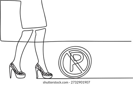 Dibujo minimalista de una sola línea que muestra las piernas de la mujer en elegantes tacones altos, caminando junto a un letrero de 'no estacionamiento'. Esta elegante ilustración transmite un sentido de propósito e impulso hacia adelante. Perfecto para conceptos relacionados con los negocios, la moda y la vida urbana. Elemento de Diseño gráfico limpio adecuado para diversas aplicaciones.