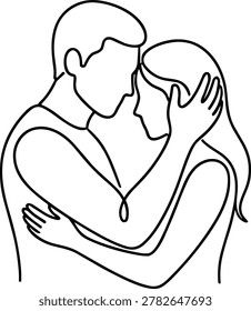 A minimalist single line drawing showing a man and a woman in a tender embrace expressing love and intimacy